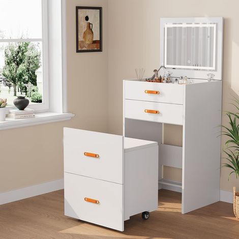 Coiffeuse 3-en-1 Gain de Place avec Miroir LED - Table de Maquillage avec Tabouret de Rangement à Roulettes et Tiroir pour Chambre et Appartement