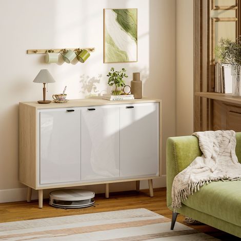 Meuble de rangement blanc et chêne, buffet laqué brillant 3 portes, étagères modulables, dimensions 107x35x77 cm, armoire basse à poser (1/5)