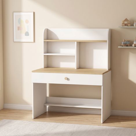 Bureau Enfant en Bois, Bureau avec Rangement, Plateau Large, Tiroir et Étagères Ouvertes, 80 x 50 x 100 cm, Blanc