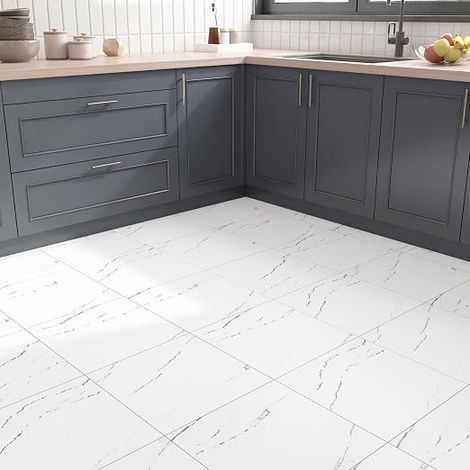 PVC Floor Tile Marble White Vinyl Adhesive Kitchen Tiles Floors Bathroom PVC Tile Adhesive Floor Kitchen Marble Effect 30 x 30 cm 5 Tiles Adhesive Floors Vinyl Adhesive White Living Room (1/5)