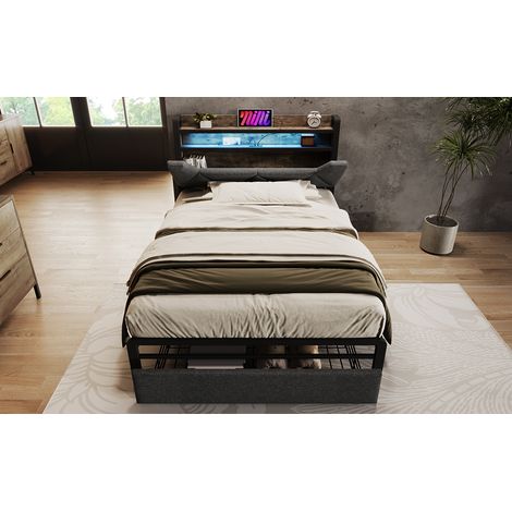 Lit 90x200 cm en lin gris avec tiroir, tête de lit rangement, LED et ports USB/Type-C, sommier métal (1/5)