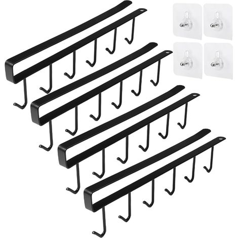 4 Pièces Porte Tasse Suspendue, Métal Noir, Design U, Sans Perçage, Pour Cuisine Armoire (1/5)