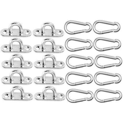 10 Stück Edelstahl-Ösenplatten und 10 Karabiner-Wandanker-Deckenhaken für Camping (1/5)