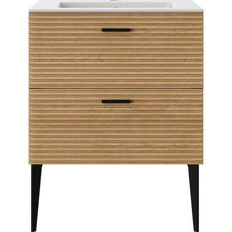 Mobile bagno scanalato su piedini con lavabo da incasso - 2 cassetti - Naturale chiaro - 60 cm - SARONE (1/4)