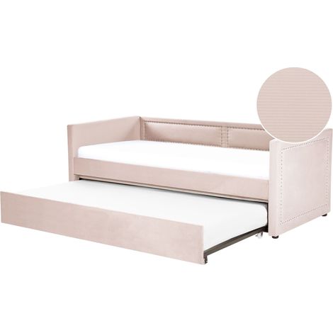 Trundle Bed Pastel Pink Fabric Upholstery EU Single Size Guest Underbed Nailhead Trim MIMIZAN (1/5)