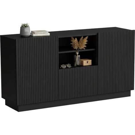 Credenza Serchio, Madia da salotto con due ante battenti, un cassetto e due vani aperti, Design con effetto cannettato, 150x40 h78 cm, Nero
