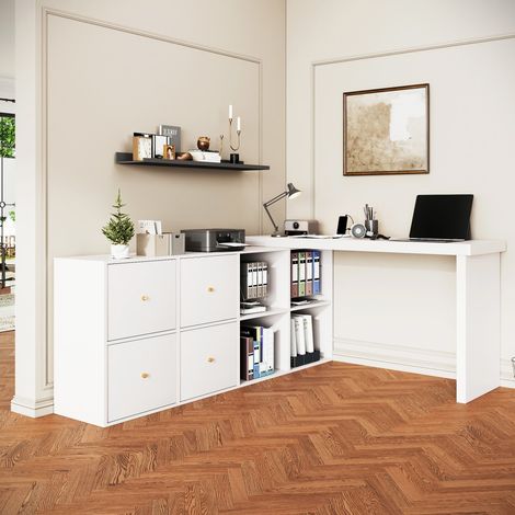 Bureau d'angle Pivotant 360° - Table L ou Droite 120x48cm avec Sideboard 4 Tiroirs et 4 Niches de Rangement - MDF Blanc (1/5)