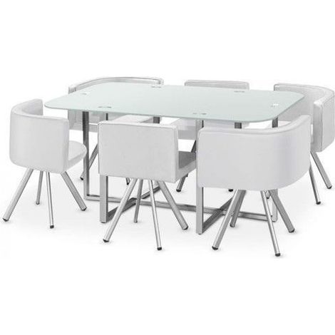 Table de Repas - GIOVANNI MARCHESI - Madrid - 6 Chaises - Métal Laqué - Verre Blanc