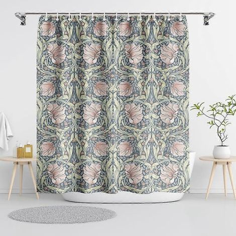 BelleRise - Rideau de douche floral vintage William Morris, botanique bleu/rose, avec 12 crochets, décor salle de bain femme (1/5)