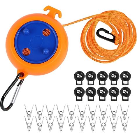10M Corde à Linge Rétractable - Portable Anti-Enroulement Corde à Linge de Voyage avec 10 Boucles Fixes et 20 Pinces Coupe-Vent - Corde à Linge Rétractable pour Extérieur et Intérieur (1/5)