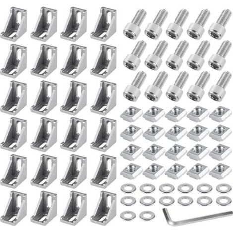 Kit de fixation pour cornières en aluminium (24 pièces, connecteurs d'angle 40x40 mm), équerres, supports muraux, grille d'angle à 90° pour profilés de support, imprimantes 3D, fraiseuses CNC, projets