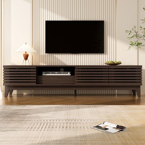 Meuble TV Bas 170x35x40 cm, 3 Portes et 1 Tiroir, Façades à Lattes, Niches Ouvertes, Passe-Câbles - Effet Bois Vintage (1/5)