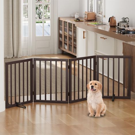 Barrière de Sécurité pour Chien en Bambou Massif Clôture Modulaire Pliable pour Animaux Domestiques Grille de Protection Rectractable à 4 Panneaux avec Pieds de Support Métalliques pour Maison Escalie (1/5)