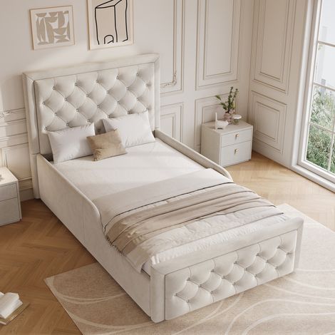 Letto per bambini 90 x 200 cm con contenitore idraulico, rete, testiera, velluto beige (1/5)