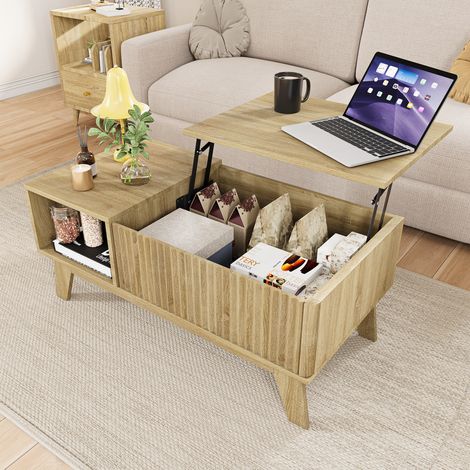 Table basse relevable bois naturel 95 x 48 x 42 cm, table basse de salon avec plateau lift-up, rangement caché et étagère ouverte, meuble salon en bois d’ingénierie