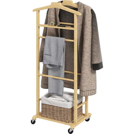 Portant à vêtements sur roulettes, porte-manteaux en bambou, double cintre intégré, 47 x 33,7 x 105,5 cm, bois naturel