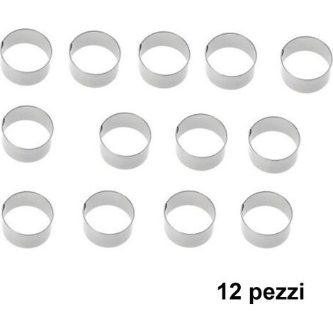 TrAdE Shop Traesio - Set 12 Pezzi Forme Stampi Per Dolci Torte Biscotti Rotonde Inox 8x4cm Pasticceri -