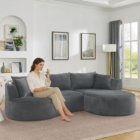 Canapé compressé 3 places,chaise longue + 2 places,design arqué,velours côtelé,porte-gobelet,emballé sous vide pour salon et hôtel,gris.