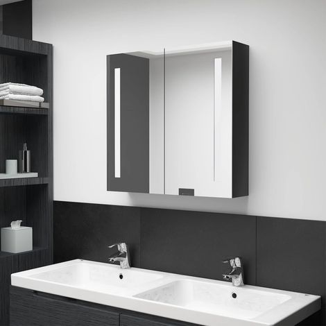 Armoire murale à miroir de salle de bain Armoire Toilette Moderne avec miroir LED noir brillant 62x14x60 cm -97196 (1/5)