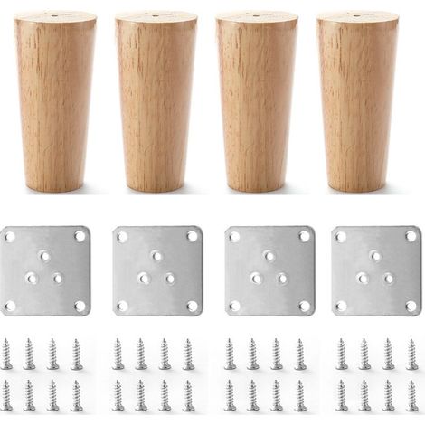4x 10cm Solid Wood Furniture Legs with Mounting Plate and Screws for Sofa, TV, Bed, Dining Table (1/3)