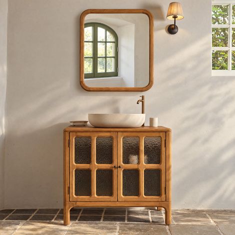 Meuble sous vasque en bois recyclé massif 2 portes 90 cm (1/5)