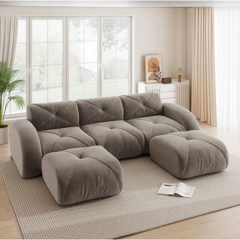 Sofá modular en U de 3 plazas con 2 pufs, sin estructura, chenilla topo, 281x171x76 cm (1/5)