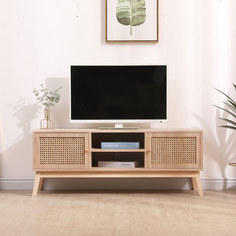 FURNITURE HMD Rattan TV Unit with 2 Doors 2 Shelves TV Unit,Free Standing Cabinet,Natural,120x34x46.5cm(WxDxH) (1/5)