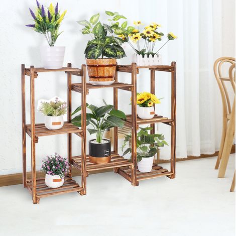 Multi-Tier Stylish Bamboo Plant Stand Indoor Outdoor 10 Pot Bonsai Display Shelf
