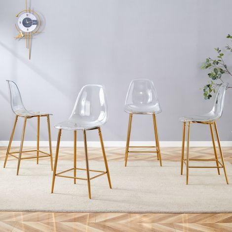 Lot de 4 tabourets de bar en plastique transparent, piètement métal argent, doré ou noir, chaises design contemporain pour cuisine, comptoir ou salle à manger (sans table). (1/5)