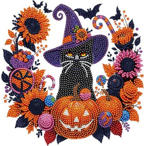 Kit DIY Diamant Halloween Chat Noir, Couronne Décorative 25x25 cm avec Chaîne de 25 cm
