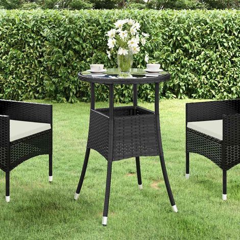 vidaXL Mesa de jardín vidrio templado ratán sintético negro Ø60x75 cm (1/5)