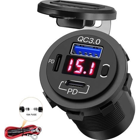 Chargeur de voiture USB 58 W avec 3 ports USB 12/24 V, compatible PD et QC3.0, charge rapide, voltmètre intégré, pour voiture, camping-car et bateau. (1/5)
