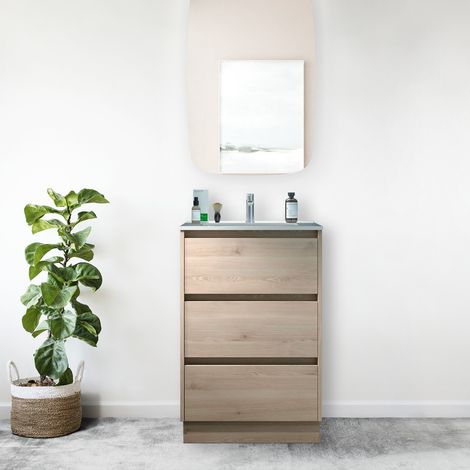 Mobile bagno a terra 60 cm 3 cassetti in legno naturale con lavabo ad incasso - Nova - Con specchio e lampada LED