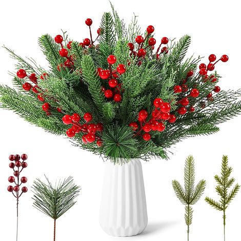 Brindilles De Sapin Artificiel - Avec Baies Rouges - Résistantes Au Froid - Pour Couronne De L Avent Guirlande Décoration De Sapin - 60 Pièces (1/5)