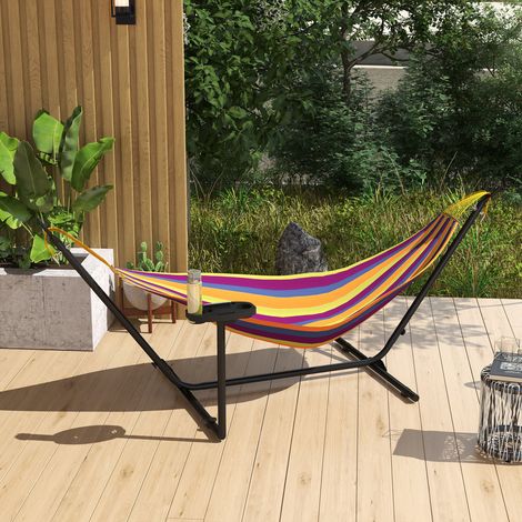Supporto per amaca con portabicchiere. Robusta struttura in metallo verniciato a polvere epossidica. Colore nero. Dimensioni: 305L x 129W x 109H cm. Peso: 150 kg (senza amaca).