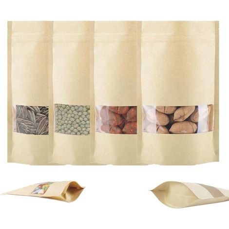 MINKUROW Kraftpapier-Reißverschlussbeutel, 100 Stück mit Klarsicht-Kraftpapier-Reißverschlussbeutel, wiederverschließbare Mini-Reißverschlussbeutel für Lebensmittel, Tee, Kaffeebohnen, Nüsse, getrockn