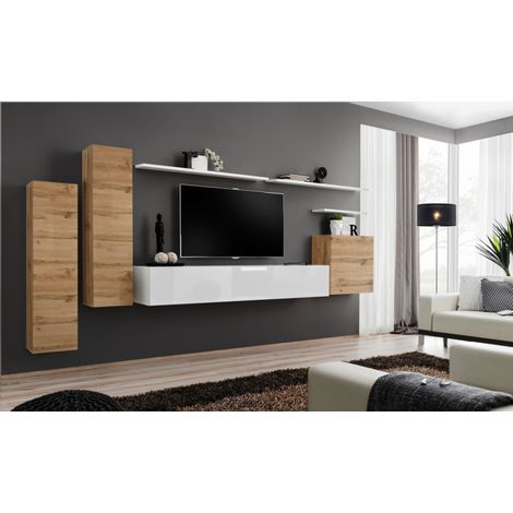 Ensemble de 7 meubles muraux "Switch" pour TV en bois - Bleige et Blanc - L 330 x H 160 x P 40 cm - Livraison gratuite
