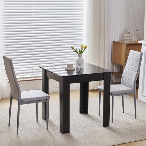 75x75cm Square Dining Table and Chairs Set, Small Dining Room Set High Gloss Dining Table with Chairs Home Furniture (Grey Faux Leather, Black Table with 2 Chairs)