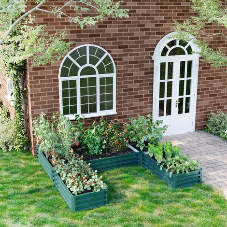 Lot de 5 carrés potagers en acier modulable pour jardin : bac de culture pour légumes, plantes et fleurs - teinte verte
