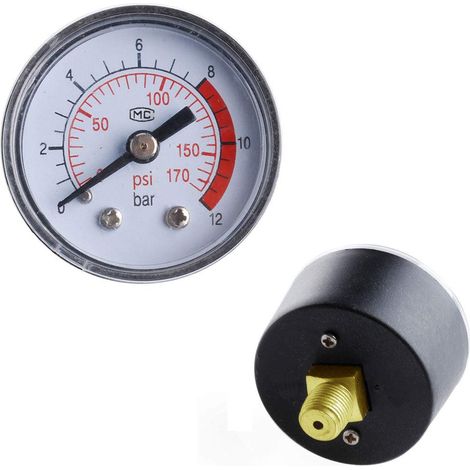 Manomètre Compresseur Air - 1 Pièce - Métal Robuste - Mesure 0-12 Bar/170 PSI - Usage Pneumatique Hydraulique - Dial 39x41mm (1/4)