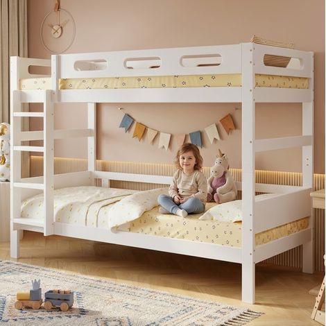 Letto a castello per bambini 90x200 cm, sfoderabile con scaletta e rete a doghe anticaduta, in legno bianco (1/5)
