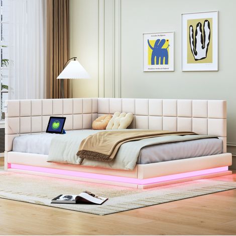 Divano letto bambini 140 x 200 cm imbottito con LED e presa USB in velluto morbido, beige, senza materasso (1/5)