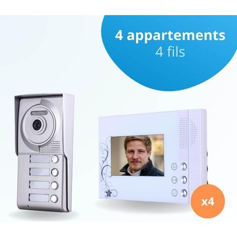 Portier interphone vidéo CLASSIC 4 Fils - 4 appartements - 4 écrans blancs (1/4)