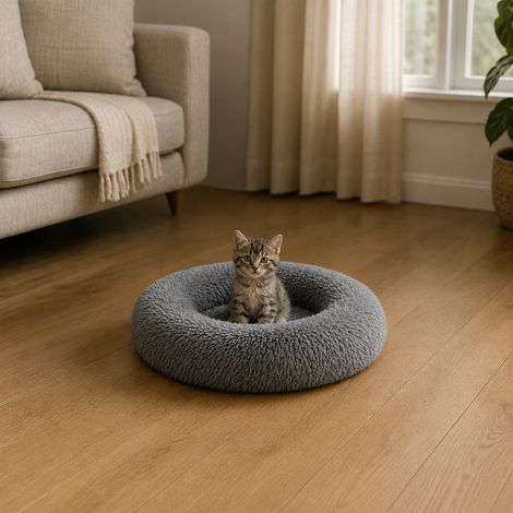 belviona Donut Katzenbett, weiches Katzenkörbchen mit flauschigem Plüsch, rutschfest & gemütlich, 40 cm Durchmesser, dunkelgrau (1/4)
