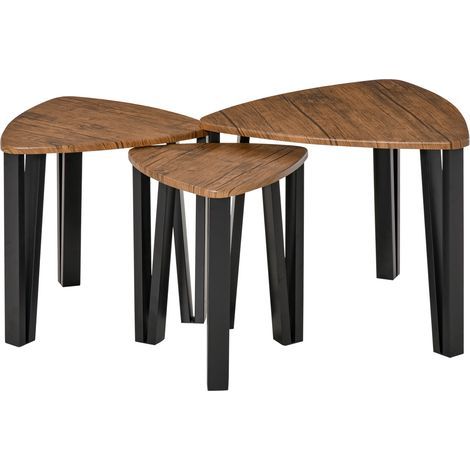 Ensemble de 3 Tables Basses gigognes encastrables Style Industriel piètements métal Noir en épingle Plateaux Aspect Bois de Noyer (1/5)