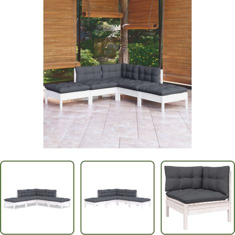 Holzgartenmöbel - 5-tlg. Garten-Lounge-Set mit Kissen Weiß Kiefernholz (1/5)