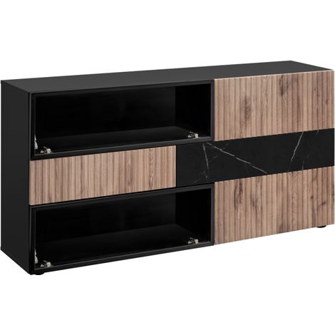Buffet Cannes SB avec vitrine - Bois MDF noir et chêne Viking et effet marbre noir - 160 x 82 x 45 cm - Livraison gratuite (1/5)