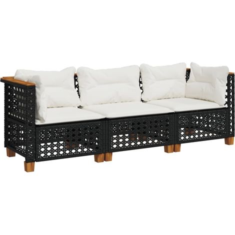 vidaXL Divano da Giardino a 3 Posti con Cuscini Nero in Polyrattan