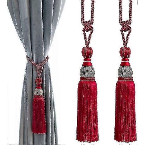 Embrasses décoratives à pompons - Attaches élégantes pour rideaux, cordons à franges tressés, lot de 2 (rouge) (1/5)