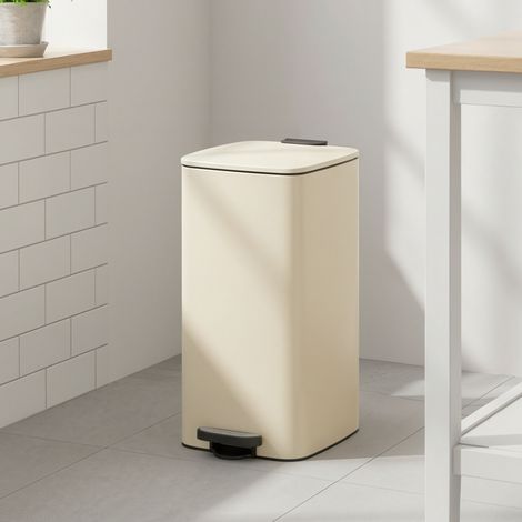 Poubelle de cuisine, 30 litres, poubelle à pédale, en acier, avec seau intérieur, fermeture douce, beige (1/5)